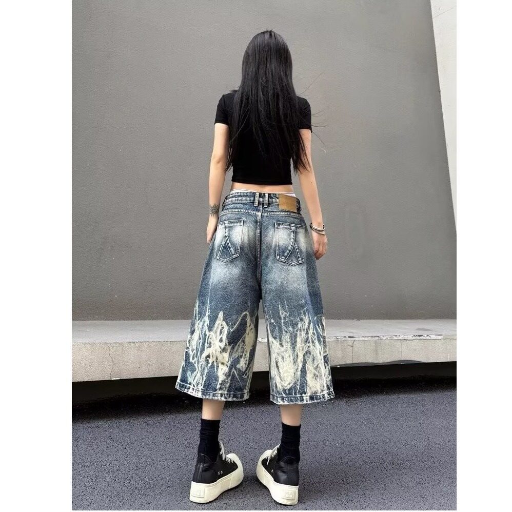 MORii Island Store flame pattern cropped pants, American high street vintage distressed washed straight loose denim shorts, unisex