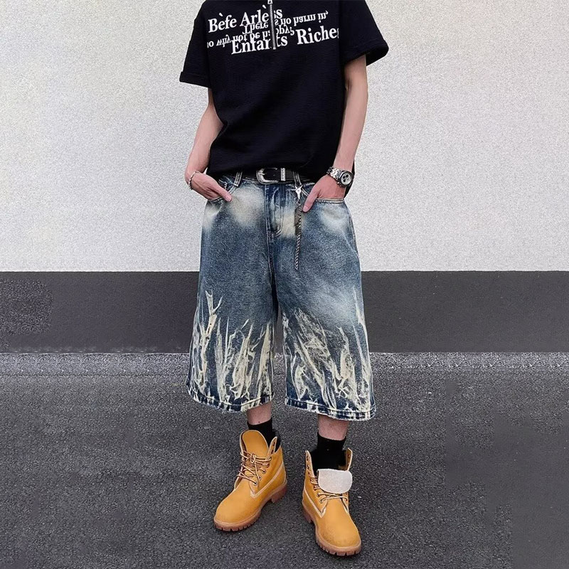 MORii Island Store flame pattern cropped pants, American high street vintage distressed washed straight loose denim shorts, unisex