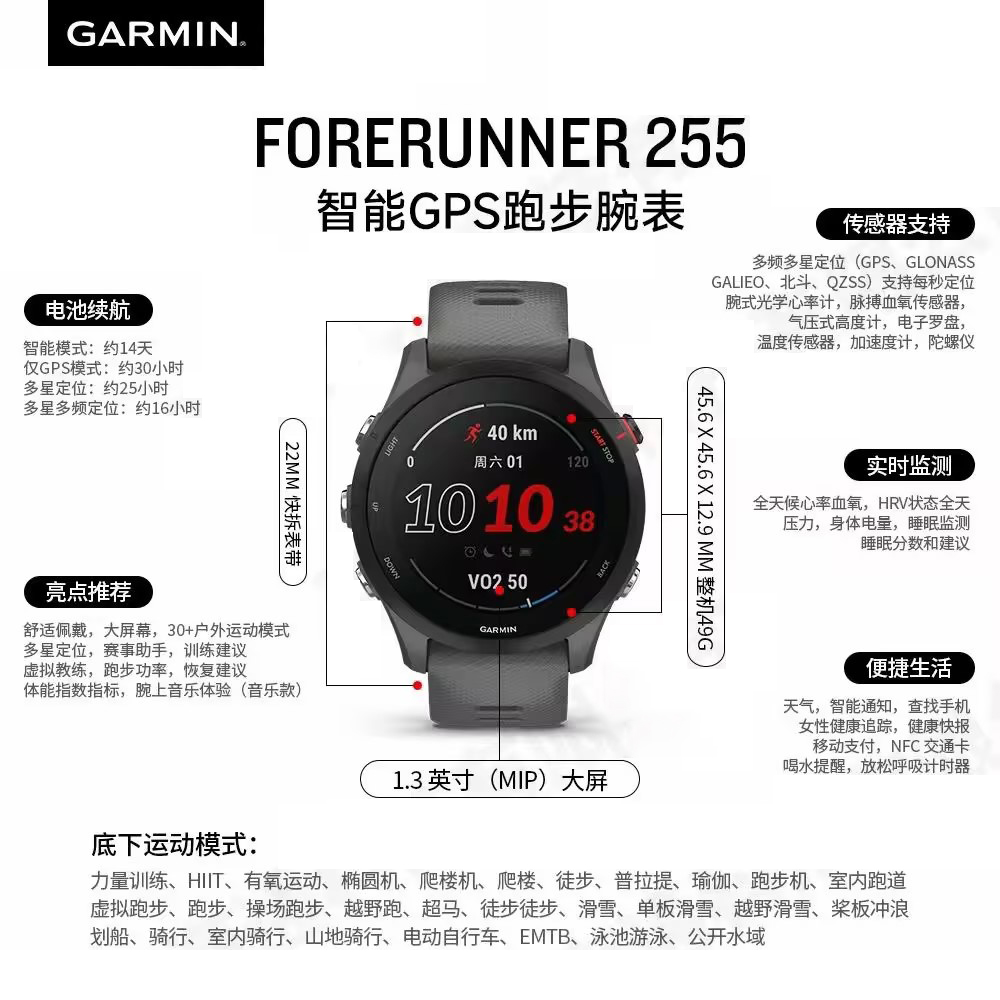 GARMIN Forerunner 255 Mystic Gray Smart Watches Bluetooth Connection Unisex