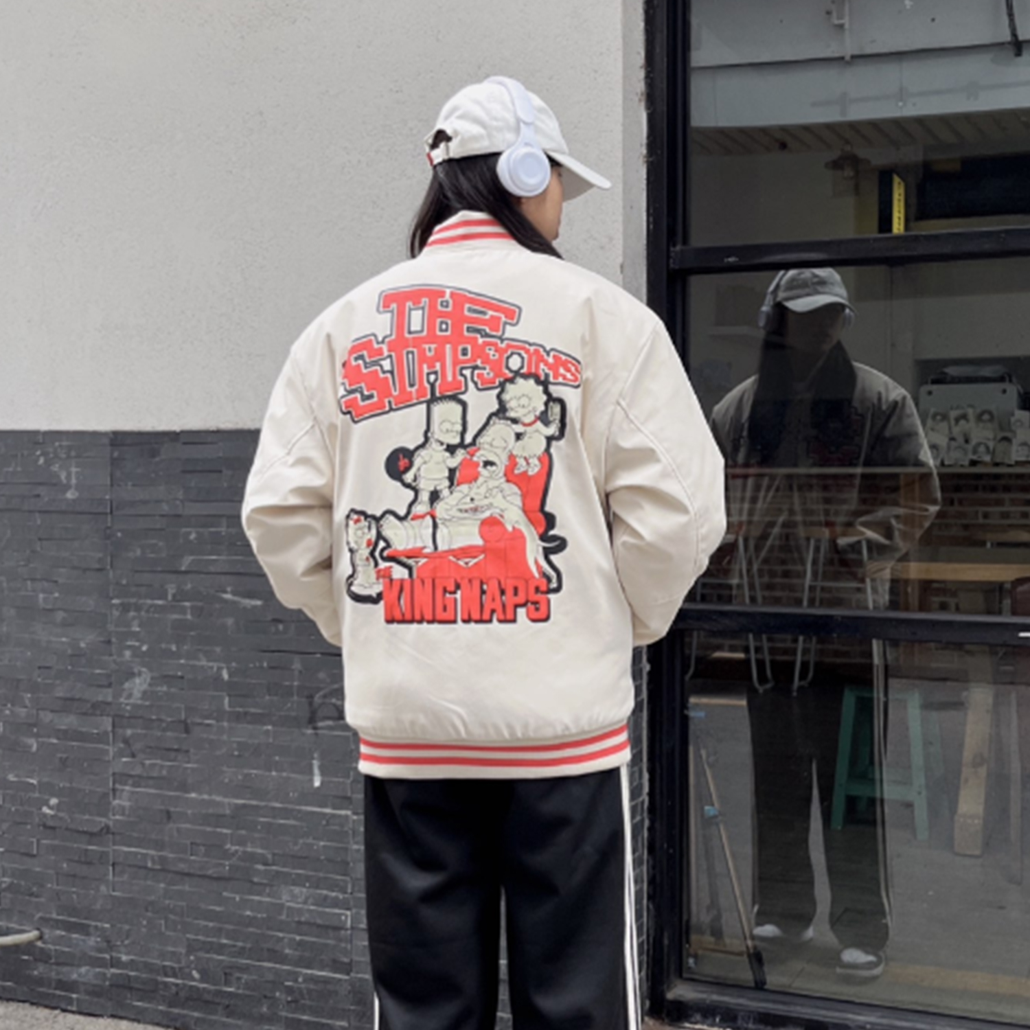 The Simpsons Fun Cartoon Star Pixel College Vintage Letter Foam Print Loose Casual Contrast Stripe Fleece-Lined Thickened Baseball Jacket Cotton Coat Unisex Black