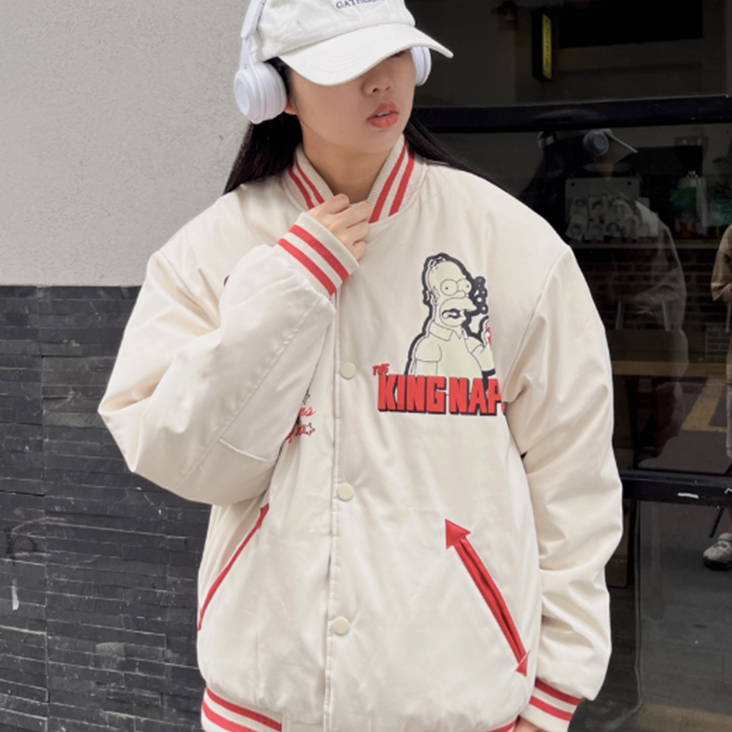 The Simpsons Fun Cartoon Star Pixel College Vintage Letter Foam Print Loose Casual Contrast Stripe Fleece-Lined Thickened Baseball Jacket Cotton Coat Unisex Black
