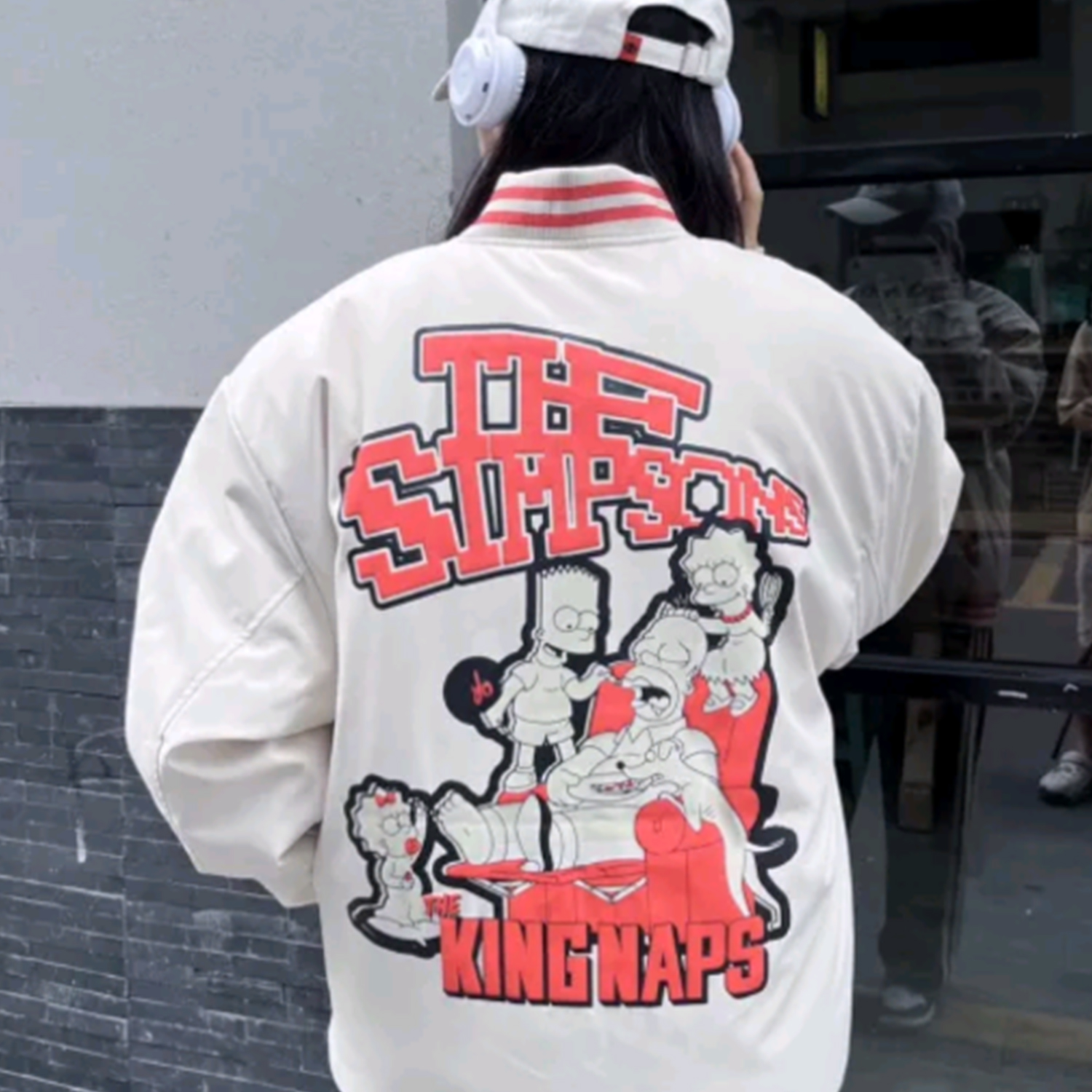 The Simpsons Fun Cartoon Star Pixel College Vintage Letter Foam Print Loose Casual Contrast Stripe Fleece-Lined Thickened Baseball Jacket Cotton Coat Unisex Black