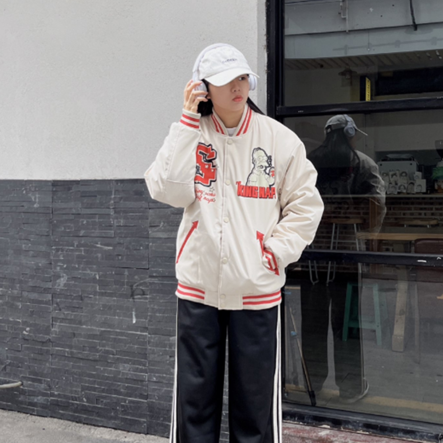 The Simpsons Fun Cartoon Star Pixel College Vintage Letter Foam Print Loose Casual Contrast Stripe Fleece-Lined Thickened Baseball Jacket Cotton Coat Unisex Black