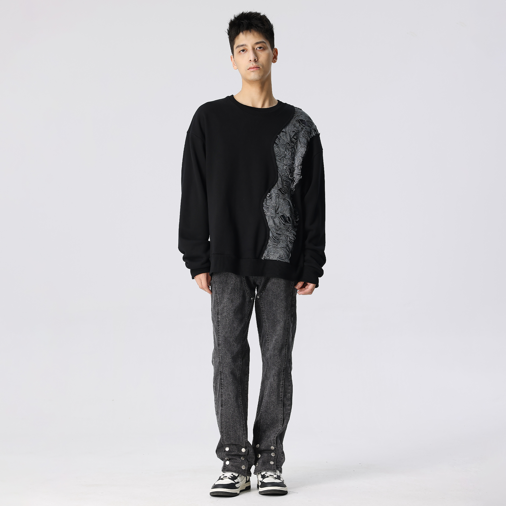 XINYINSU retro deconstructed patchwork rift pattern loose American sweatshirt unisex black