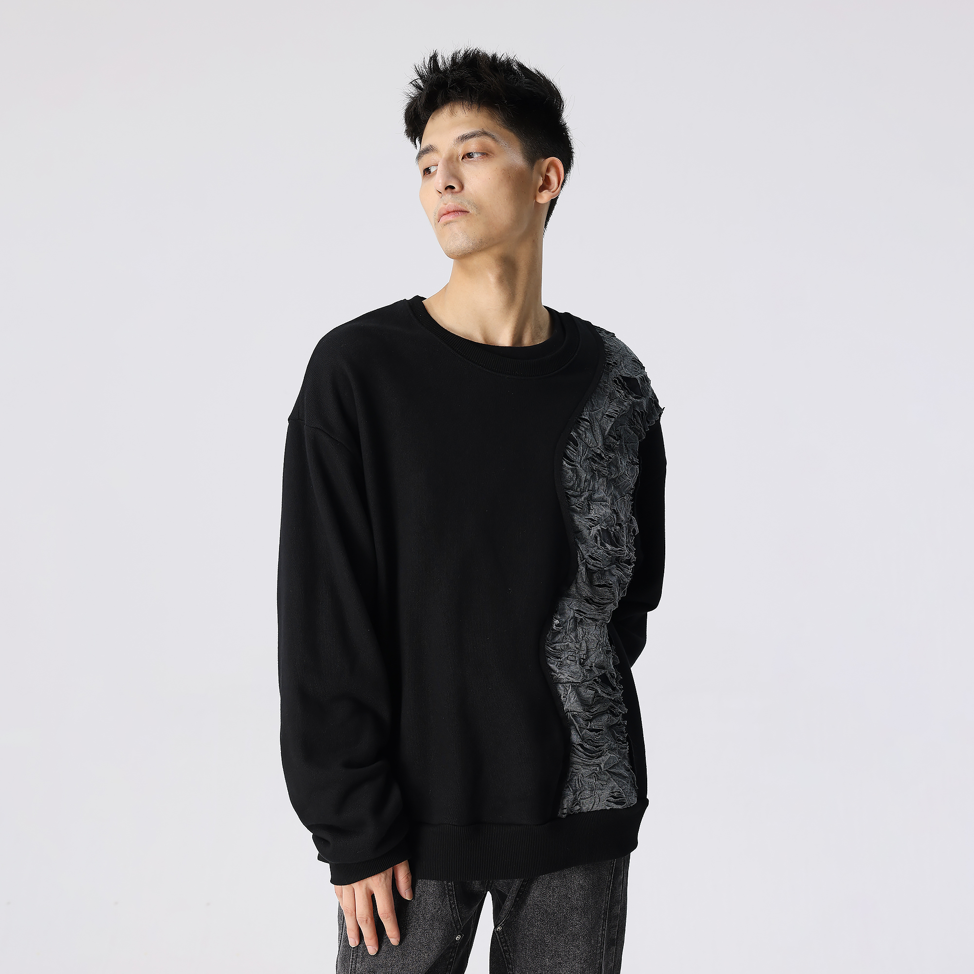 XINYINSU retro deconstructed patchwork rift pattern loose American sweatshirt unisex black