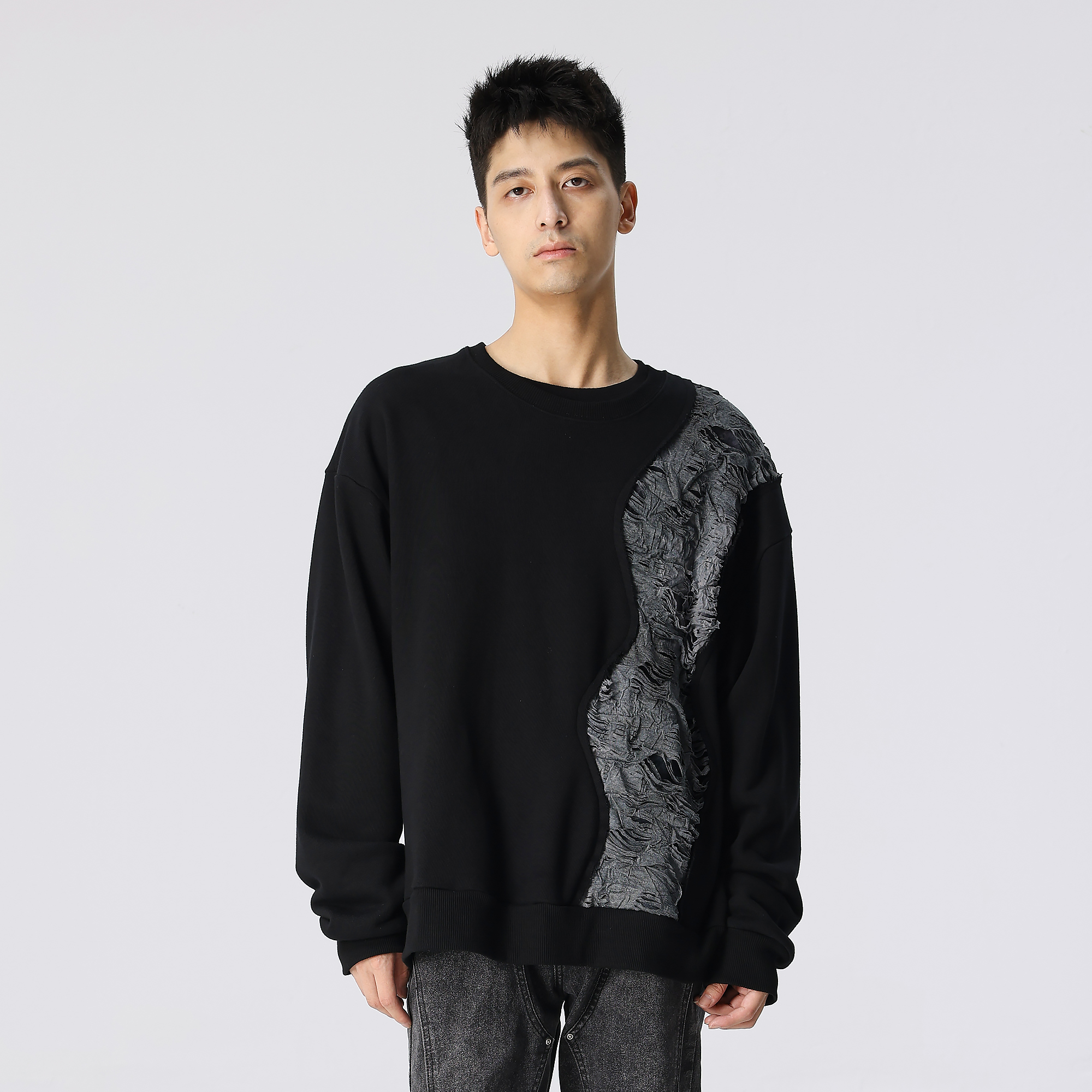XINYINSU retro deconstructed patchwork rift pattern loose American sweatshirt unisex black