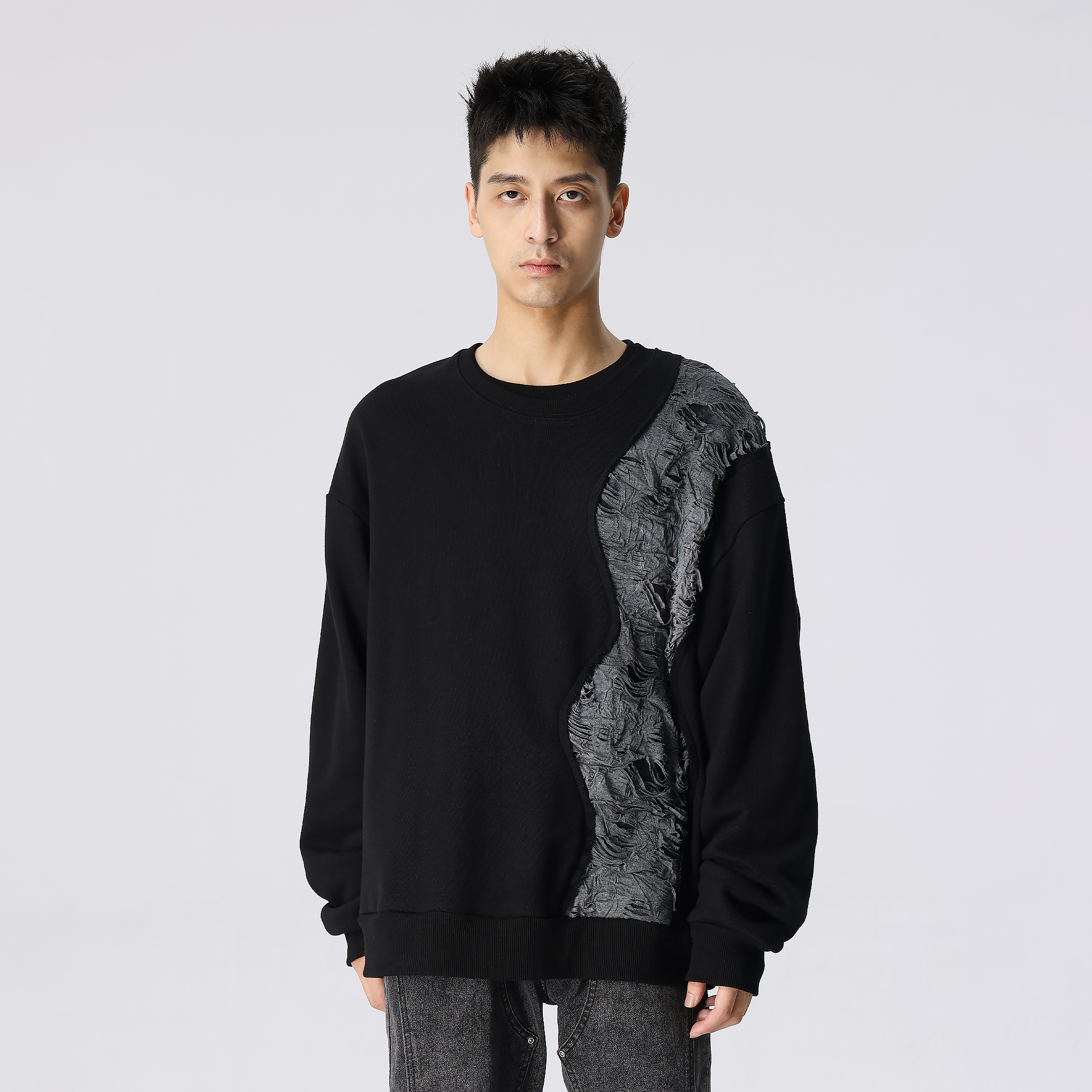 XINYINSU retro deconstructed patchwork rift pattern loose American sweatshirt unisex black