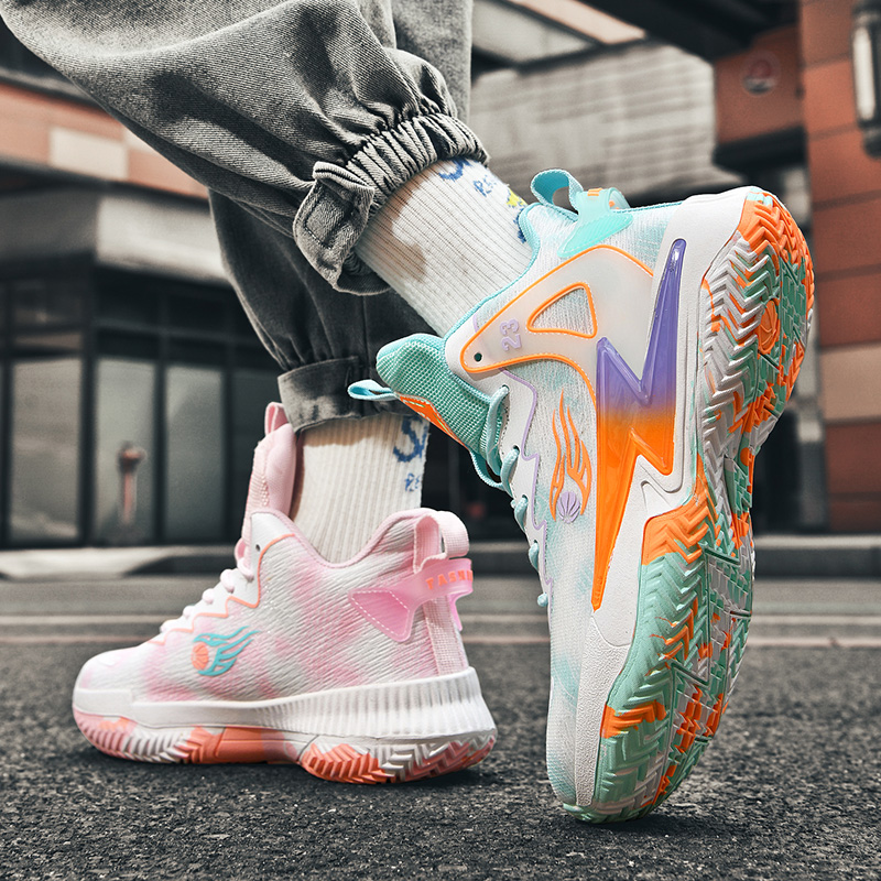 BIANSULONG Slip Resistant And Abrasion Resistant Coverage High top Basketball Shoes Unisex Pink Cyan Mismatched