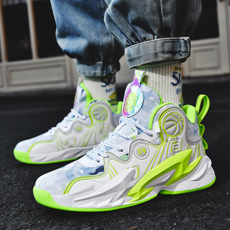 BIANSULONG Slip Resistant Abrasion Resistant High top Basketball Shoes Unisex White Light Green