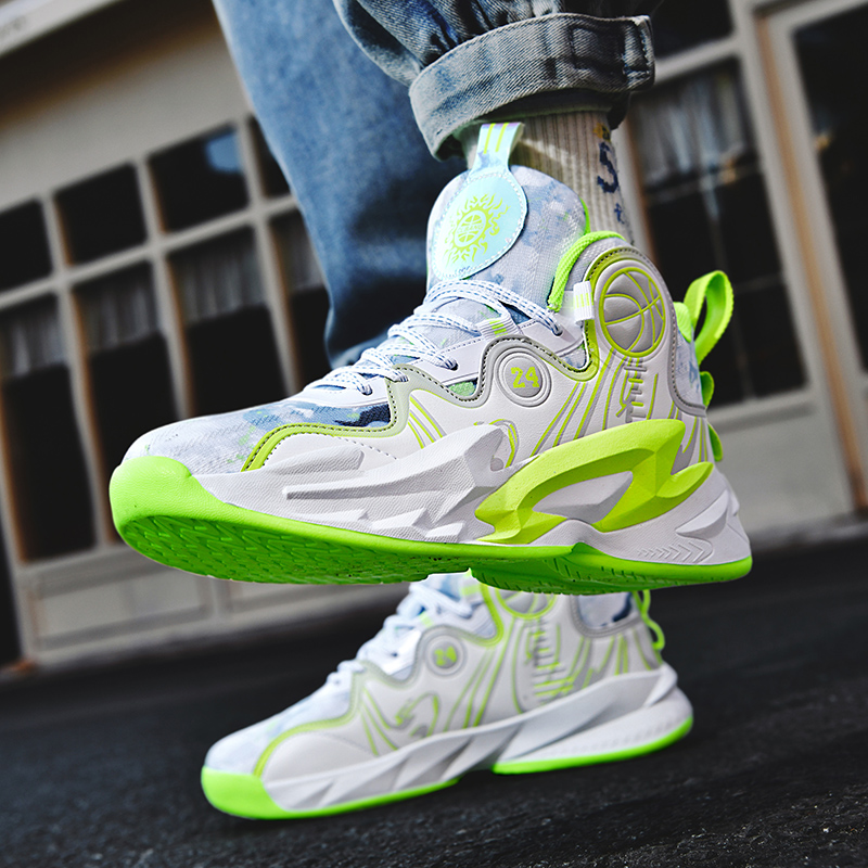 BIANSULONG Slip Resistant Abrasion Resistant High top Basketball Shoes Unisex White Light Green