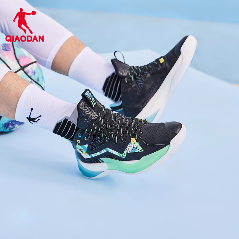 QIAODAN Textile, Synthetic Leather Cushioning Slip Resistant Abrasion Resistant Mid top Basketball Shoes Men’s
