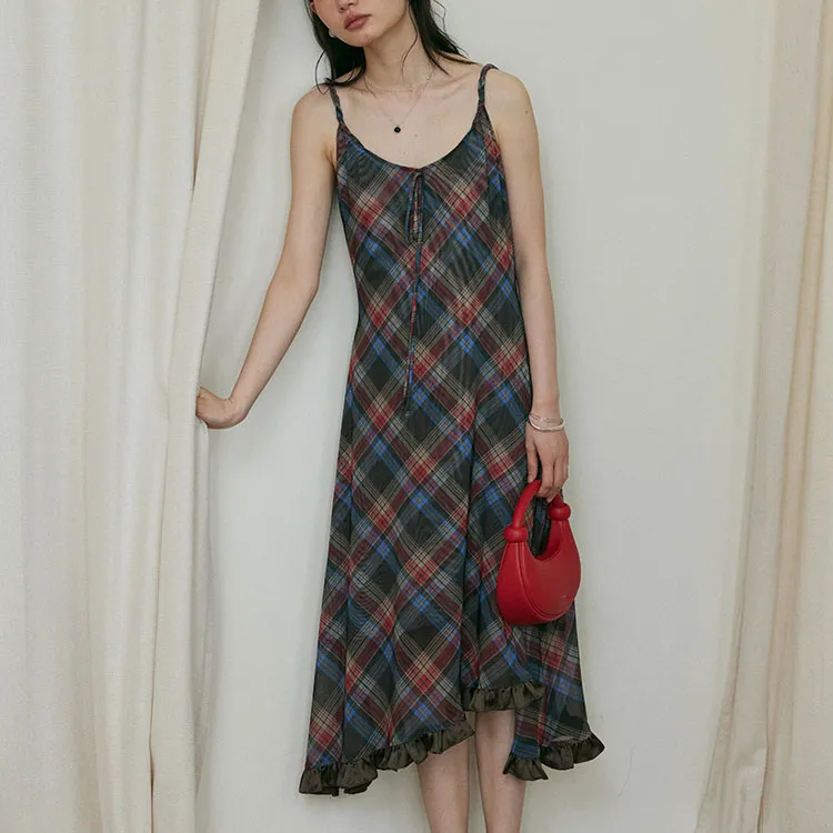 BLUEerror Slip Dress Women's Vintage Red Coffee Plaid