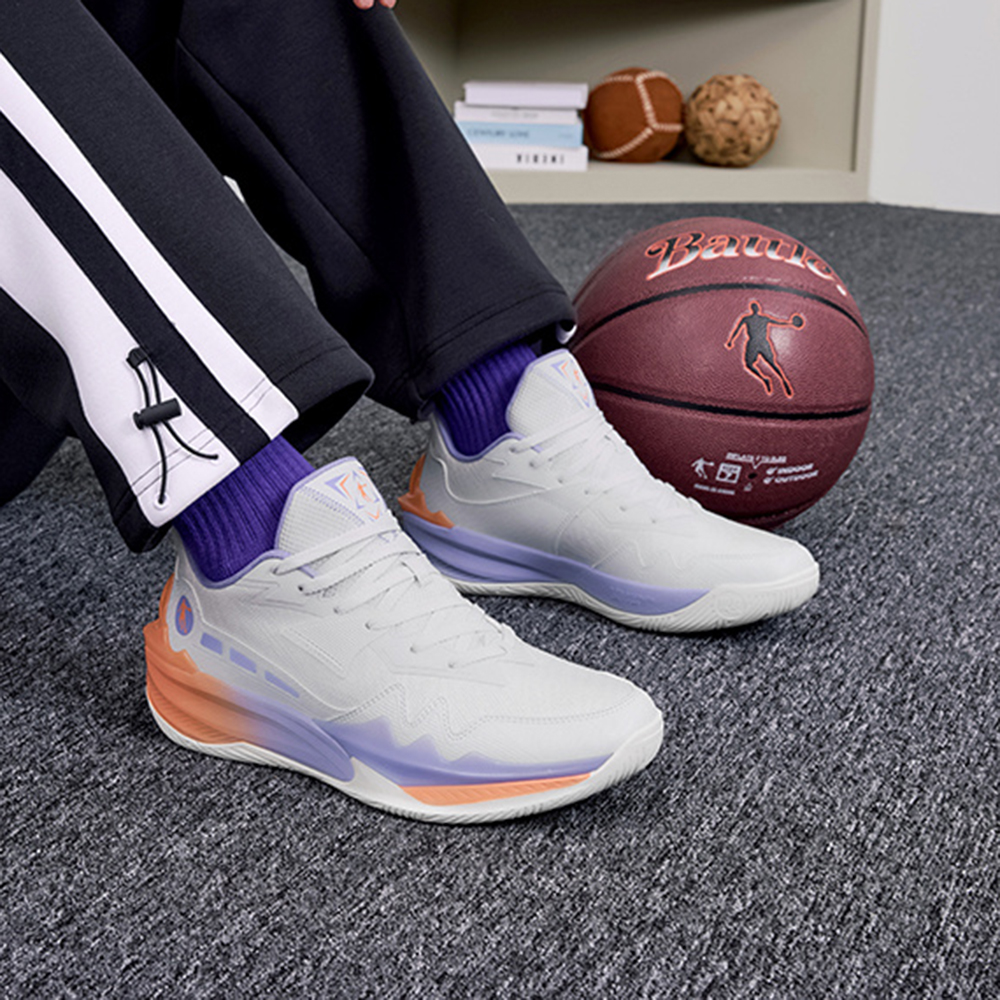 QIAODAN Cushioning Slip Resistant Lightweight Low top Basketball Shoes Men’s Gray Purple Orange