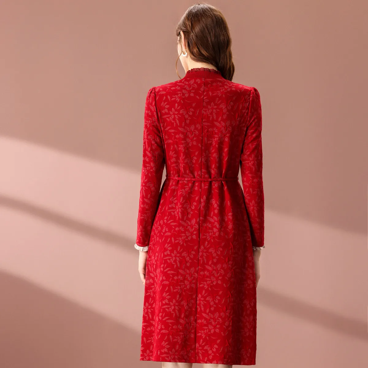 FENHONGMALI Long Sleeved Dresses Women's Red