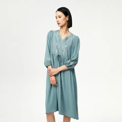 XUANZHIWU Wood Синий Женские Длинные Платья с Рукавами