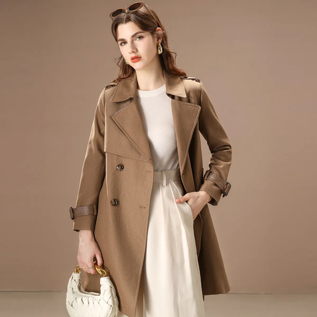 FENHONGMALI Trench Coat Women's Khaki