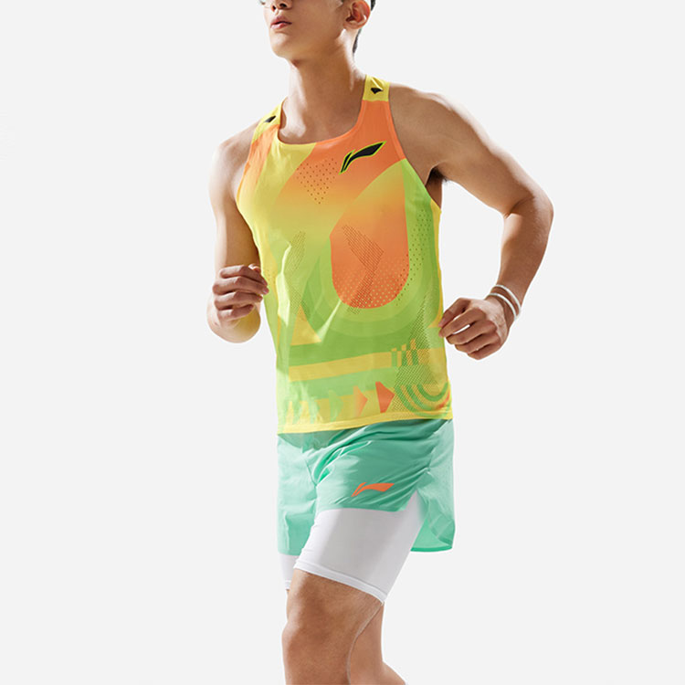 Li Ning Running Collection Running Tank Tops Men’s Neon Mango Yellow/Fluorescent Numbers Orange/Fluorescent Alpha Hydroxy Acids Green Crew Neck Moderate Other