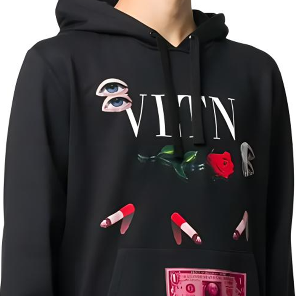 Мужское худи Valentino Худи с цветочным принтом и логотипом (черное) — фото 4