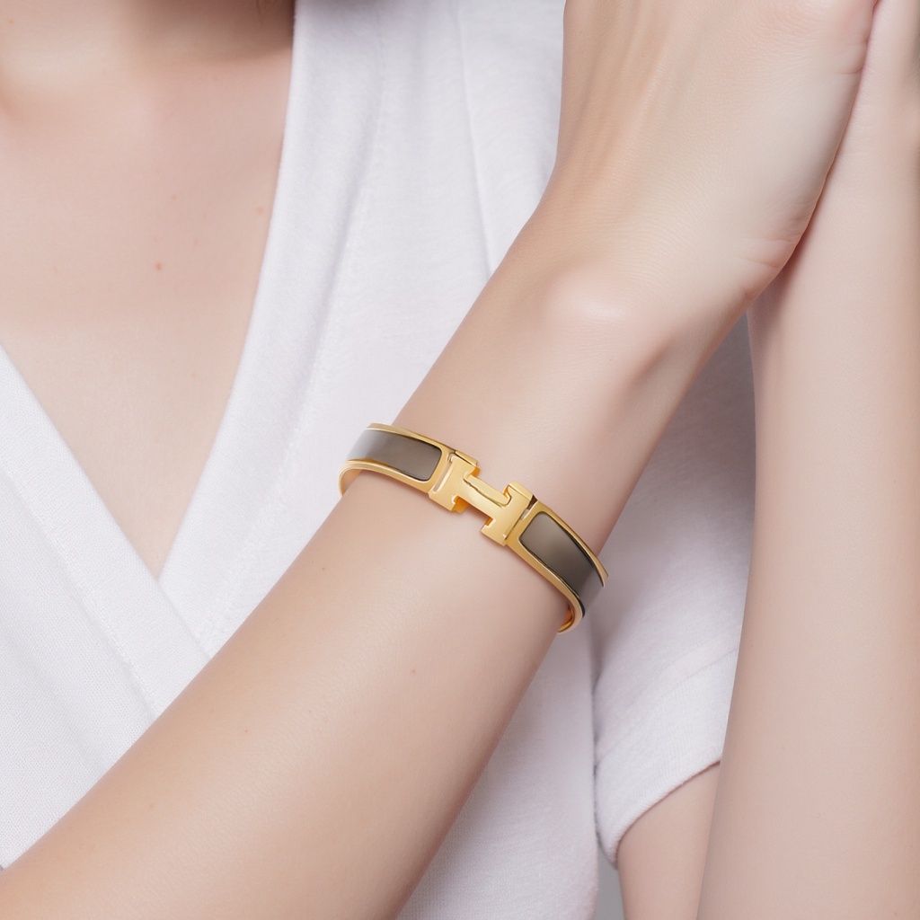 Женский браслет Hermes Clic H logo / (светло-коричневый с золотым) — фото 4